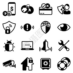 一组简单的图标 主题为安全 信用卡 保险 互联网 监控 家庭 通知 矢量 平面 标志 网络 符号 对象 孤立在白色背景上的黑色图图片