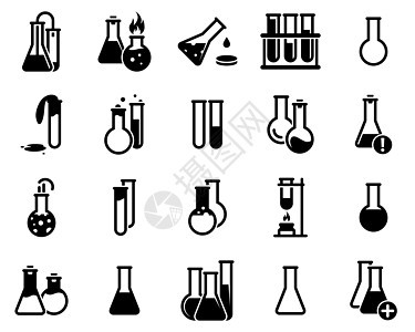 一组简单的图标 主题为烧瓶 实验室 实验 矢量 设计 收藏 平面 标志 符号 元素 对象 插图 孤立在白色背景上的黑色图标图片
