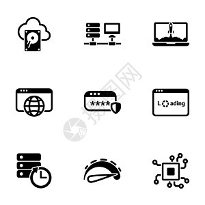 在白色背景中孤立的一组黑色图标 主题为计算机和网络图片