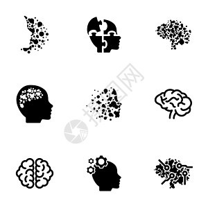 在白背景上孤立的一组黑色图标 主题为“脑”图片