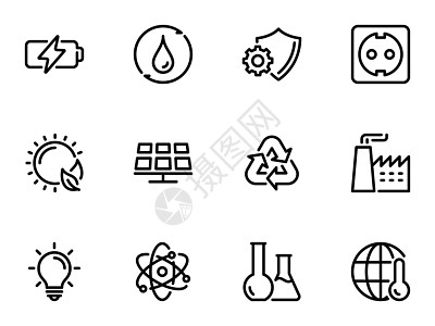 一组黑色矢量图标 隔离在白色背景上 主题为环境能源和锂离子电池的生产图片