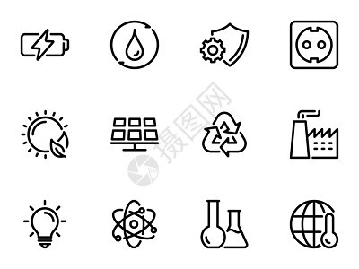 一组黑色矢量图标 隔离在白色背景上 主题为环境能源和锂离子电池的生产图片