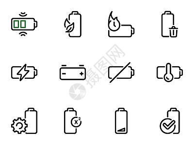 一组黑色矢量图标 在白色背景 主题充电和使用电池组上孤立的黑向量图标图片