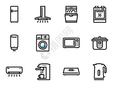 一组黑色矢量图标 与白色背景隔离 关于主题的插图空气磨床电气微波商品家庭烘干机清洁工锅炉用具图片