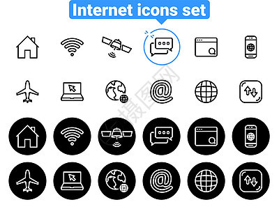 黑色矢量图标集 隔离在白色背景下 主题互联网上的平面插图 线条 轮廓 描边背景图片