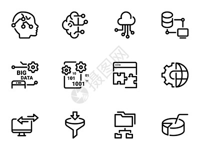 一组黑色矢量图标 与白色背景隔离 关于主题说明 Big Data 排序 存储和分析工具图片