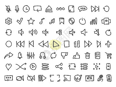 一组黑色矢量涂鸦图标 与白色背景隔离 主题音频和视频播放器按钮上的平面插图 线条 轮廓 描边图片