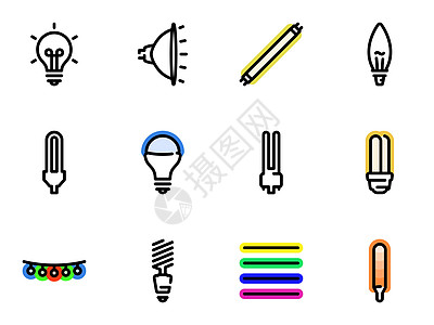一组黑色矢量图标 与白色背景隔离 关于主题的 Bulbs 类型的说明图片
