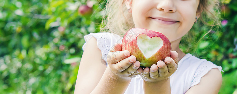 带孩子的孩子有苹果 有选择的焦点叮咬农场女孩投标幸福野餐家庭营养收成横幅图片