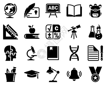 一组简单的图标 主题为学校 教育 教育 矢量 设计 收藏 平面 标志 符号 元素 对象 插图 孤立在白色背景上的黑色图标图片
