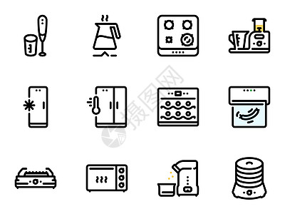一组黑色矢量图标 与白色背景隔离 关于主题的插图香肠处理器真空机器微波温度计控制板混合器烤箱榨汁机图片