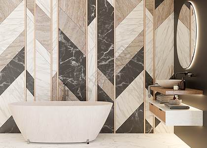 美丽 轻盈 现代的浴室 白色 黑色和大理石纹理 浴缸 脸盆 现代风格的家庭室内装饰 豪华浴室设计 室内设计项目 酒店 3D 渲染图片
