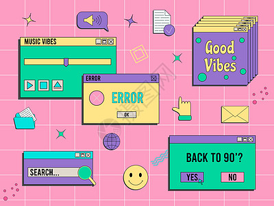 蒸汽波 UI 和 UX 元素集 PC 复古游戏框架 70 年代 80 年代 90 年代的怀旧风格插图互联网潮人气氛星星界面故事技图片