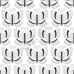 无缝模式 在白色背景上隔离的蝴蝶黑色双影带 简单单色抽象大纲设计 T墙纸插图绘画艺术创造力打印卡片野生动物热带装饰图片