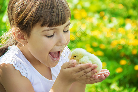 孩子手里握着一只鸡 有选择的专注拥抱橙子孩子们朋友们新生儿食物小鸡宏观花园帽子图片