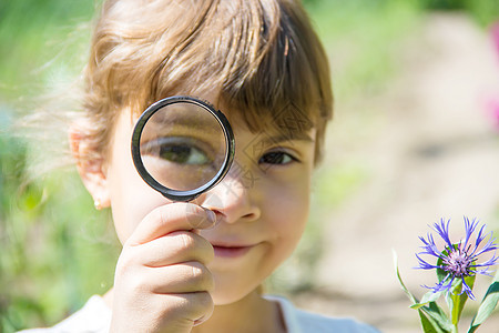 儿童在放大镜中寻找 增加 有选择地关注学习惊喜木板树叶童年游戏眼睛兴趣甲虫女孩图片