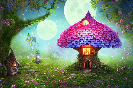 马赛房子和树魔幻幻想精灵或有窗户和灯笼的树上的吉诺梅屋背景