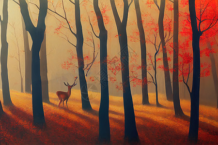 鹿和红秋林的景观绘画图片