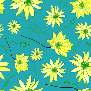 阿多尼斯模式 灿烂的夏日花卉图案 绿松石 矢量图 植物插图图片