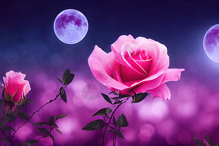 粉红玫瑰花 在美妙的夜晚神秘花园中图片