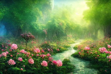 幻想的玫瑰花花花园 在魔法童话故事梦中图片