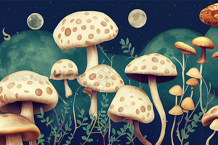 夜幕壁纸是蘑菇 月亮 星星 蜗牛的特色森林打印3d艺术墙纸蝴蝶魔法卡通片渲染海报图片
