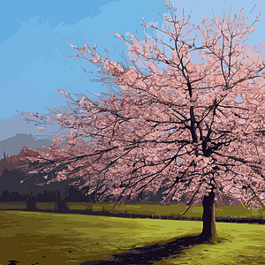 现实的萨库拉树 高雅的日本特色 有粉红色花瓣在绿色草原上的鲜花植物 亚洲人园艺野花季节插图庆典花园卡片玉兰绘画叶子图片