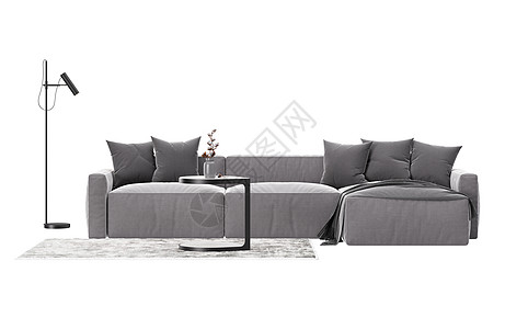 灰色沙发 有地毯 咖啡桌和白色背景的立灯 孤立 前视;客厅家具;现代室内设计元件 切掉3D投影图片
