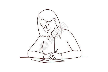 微笑的女人坐在书写桌上学习者办公室公司工作女孩日记商务女性笔记卡通片图片