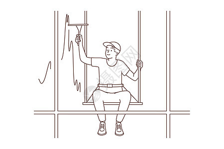 男人挂在绳索上 干净的建筑窗户危险服务工人工作插图男性玻璃摩天大楼天空绘画图片