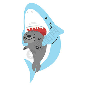 与海狮一起张开嘴的可爱鲨鱼图片