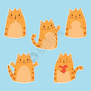 猫表情 贴纸收藏 卡通平板风格 可爱的姜猫 有不同的情感眼睛乐趣幸福笑脸动物快乐插图漫画微笑化身图片