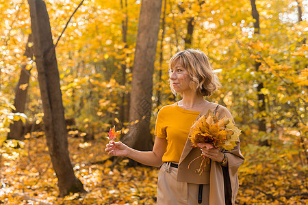 秋天美丽的年轻女子在户外散步的肖像 秋天秋天和时尚女孩的概念公园青年叶子皮肤季节头发树叶日落毛衣成人图片