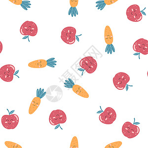 无缝图案与可爱的卡哇伊苹果和胡萝卜与平面风格的笑脸 水果和蔬菜的手绘矢量图 包装纸的儿童卡通背景 织物印刷 封面 卡片设计图片
