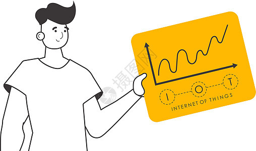 一个人手里握着IOT的标志 线性风格 与白色背景隔绝 矢量插图教育数据电子信息商务艺术计算电话人士电脑图片