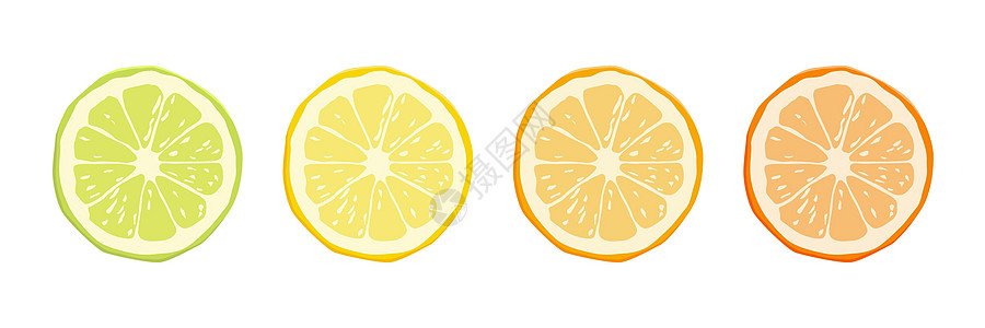 矢量柑橘类水果图标集-黄色柠檬 绿色石灰 橙色普通话 葡萄柚 孤立在白色背景上的圆形切片设计元素图片
