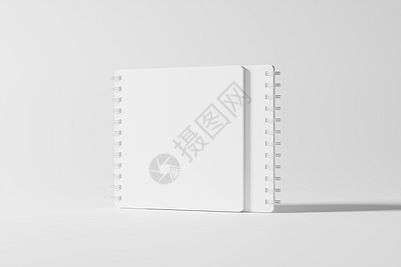 平方螺旋笔记本 3D 显示白色白板混凝土办公室正方形商业样机小样床单内衬笔记框架日记背景图片