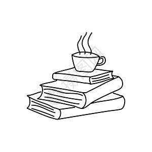 一堆书和一杯茶 概念爱读书 图书馆 商店 节日 展览会和学校的线条图标 矢量图图片