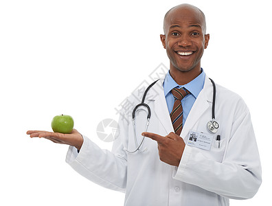 这本该让我远离的 哈 一位年轻男医生拿着绿苹果的肖像图片