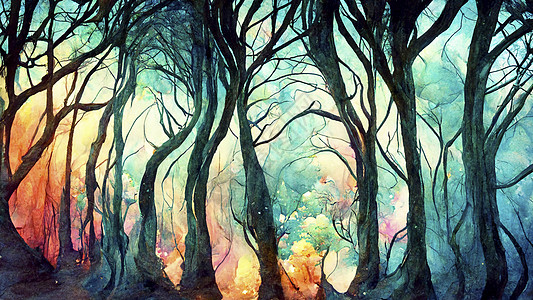松树林喷漆风格上的云和雾艺术品魔法插图艺术水彩季节墙纸天空风景自然图片