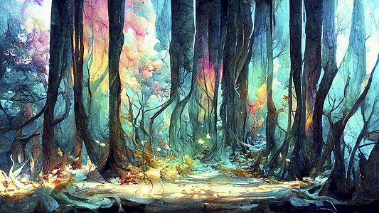 美丽的水彩 古代的一棵有明亮光环的生命树图画 神奇仙女森林艺术木头蓝色旅行插图叶子树木故事书阳光魔法背景图片