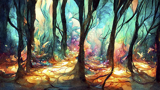 美丽的水彩 古代的一棵有明亮光环的生命树图画 神奇仙女森林季节叶子魔法阳光童话艺术插图旅行绿色公园背景图片