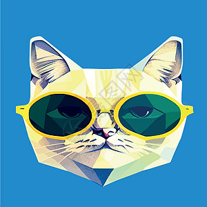 在带有太阳镜的几何多边形上手工绘制一只猫的肖像 矢量孤立元素 带眼镜的猫 打印小猫动物草图耳朵猫咪镜片绘画表情海报微笑图片