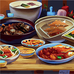 亚洲食物刻在桌子上 面盘放在风景最顶端 食品菜单设计配熟面条矢量厨具餐厅沙拉午餐插图横幅盘子烹饪厨房图片