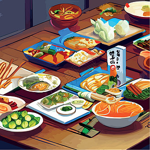 亚洲食物刻在桌子上 面盘放在风景最顶端 食品菜单设计配熟面条矢量卡片餐厅烹饪厨房美食插图饮食盘子绘画厨具图片