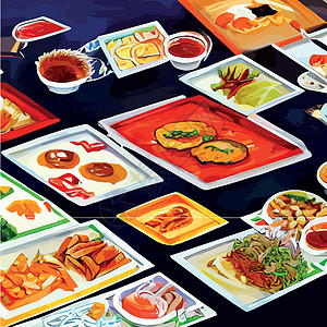 亚洲食物刻在桌子上 面盘放在风景最顶端 食品菜单设计配熟面条矢量横幅厨房插图筷子美食盘子鸭子收藏油炸午餐图片