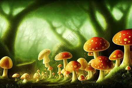 在一个魔法森林里的蘑菇房 数字插图图片