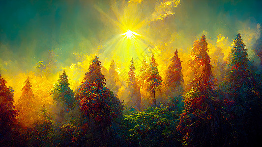 神奇的童话森林 有树木和奇妙的闪亮色彩盛开薄雾公园太阳魔法梦幻木头绿色叶子环境图片