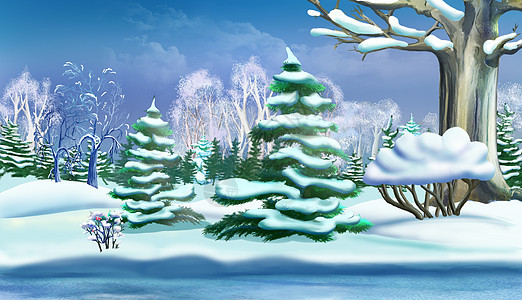 冬季森林中的圣诞树绘画插图雪堆绿色色彩卡通片数字松树树木白色图片
