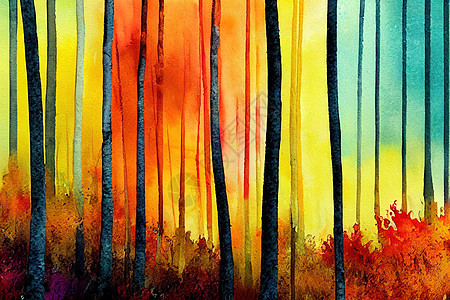 黄 红 橙色水彩秋树松树黄树插图森林绘画植物天空公园风景橙子图片
